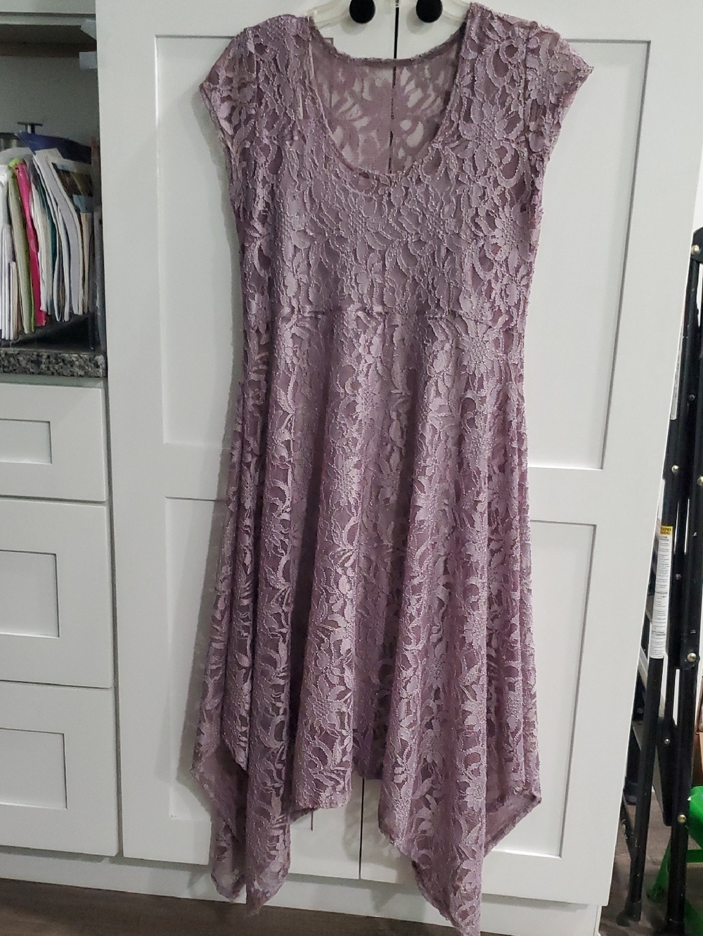Lavender Lace Asymmetrical Handkerchief Hem Dress